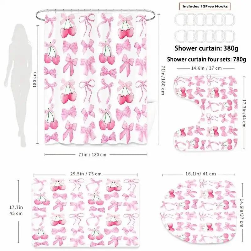 1/4 pcs Cherry and Bow pattern bathroom decoration set, Restroom Bathroom Accessories, festive design, non-slip floor mat, U-shaped rug, toilet seat cover, come with 12 shower curtain hooks, Shower Curtain Sets