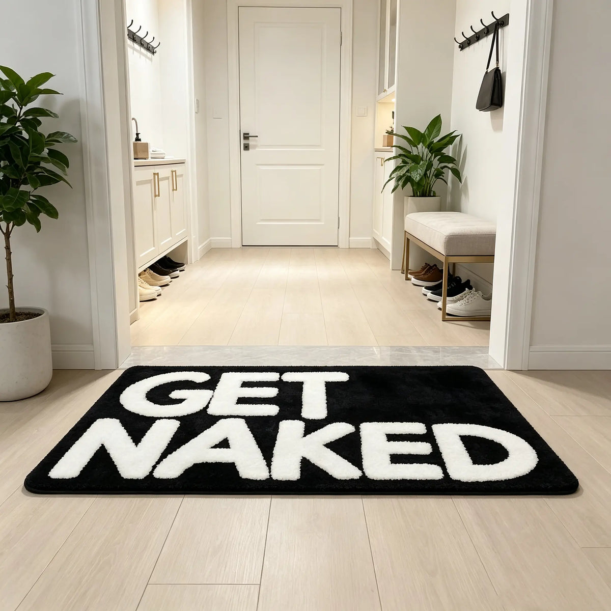 1pc Soft Flannel Bathroom Mat, Bold "GET NAKED" Black and White Print, Fast-Absorbing, Durable Indoor-Outdoor Mat for Bathroom, Doorway (Multi-Size)
