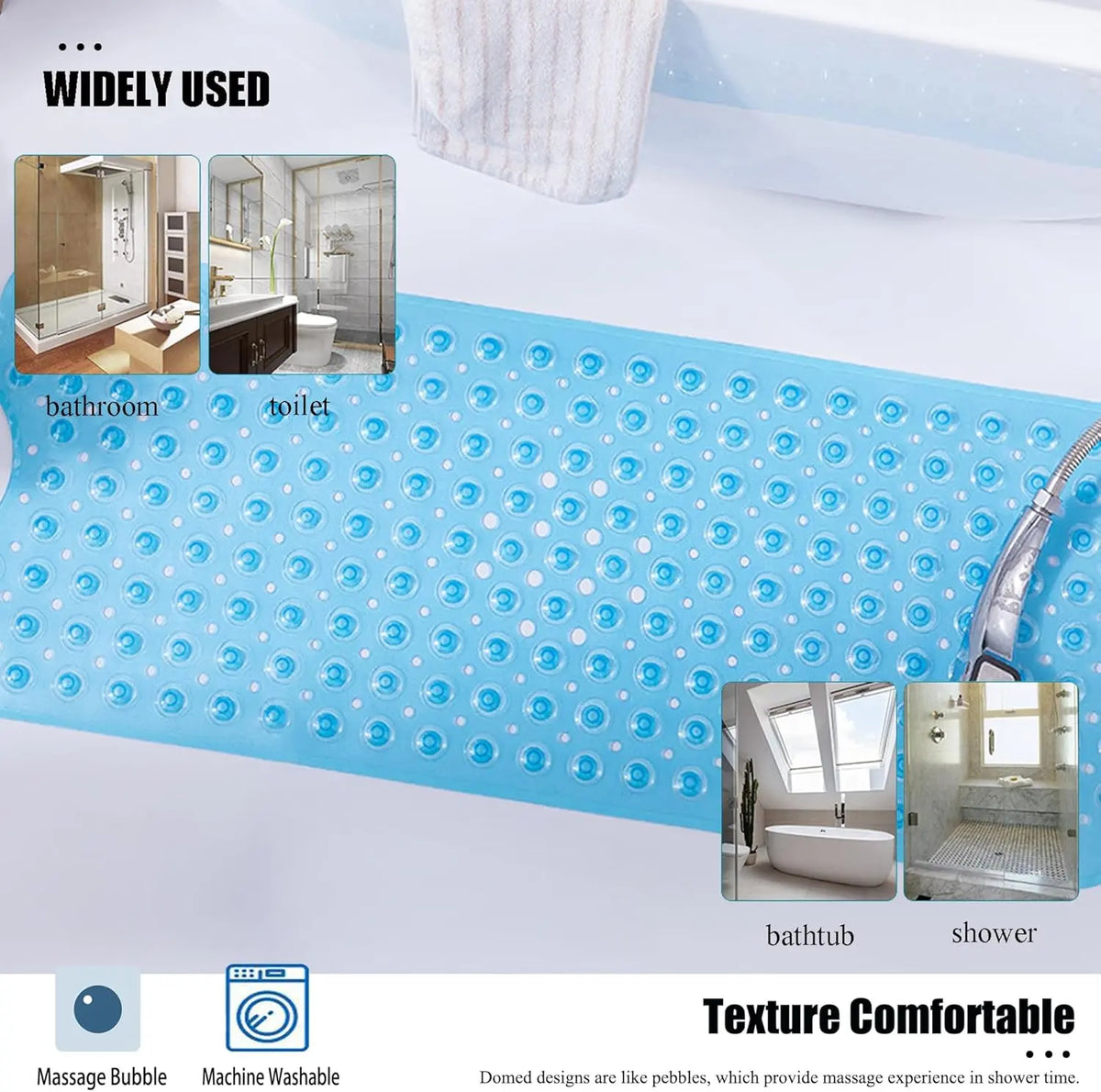 Shower Floor Mat 40x16 Inch,Non Slip Bath Mat With Firm Suction Cups,Extra Large Machine Washable Bathtub Rug,Drain Holes Keep Tub Clean,Waterproof Mold Resistant Rubber PVC Mat,Blue Black Transparent Light Gray,Home Essentials For All Ages Family