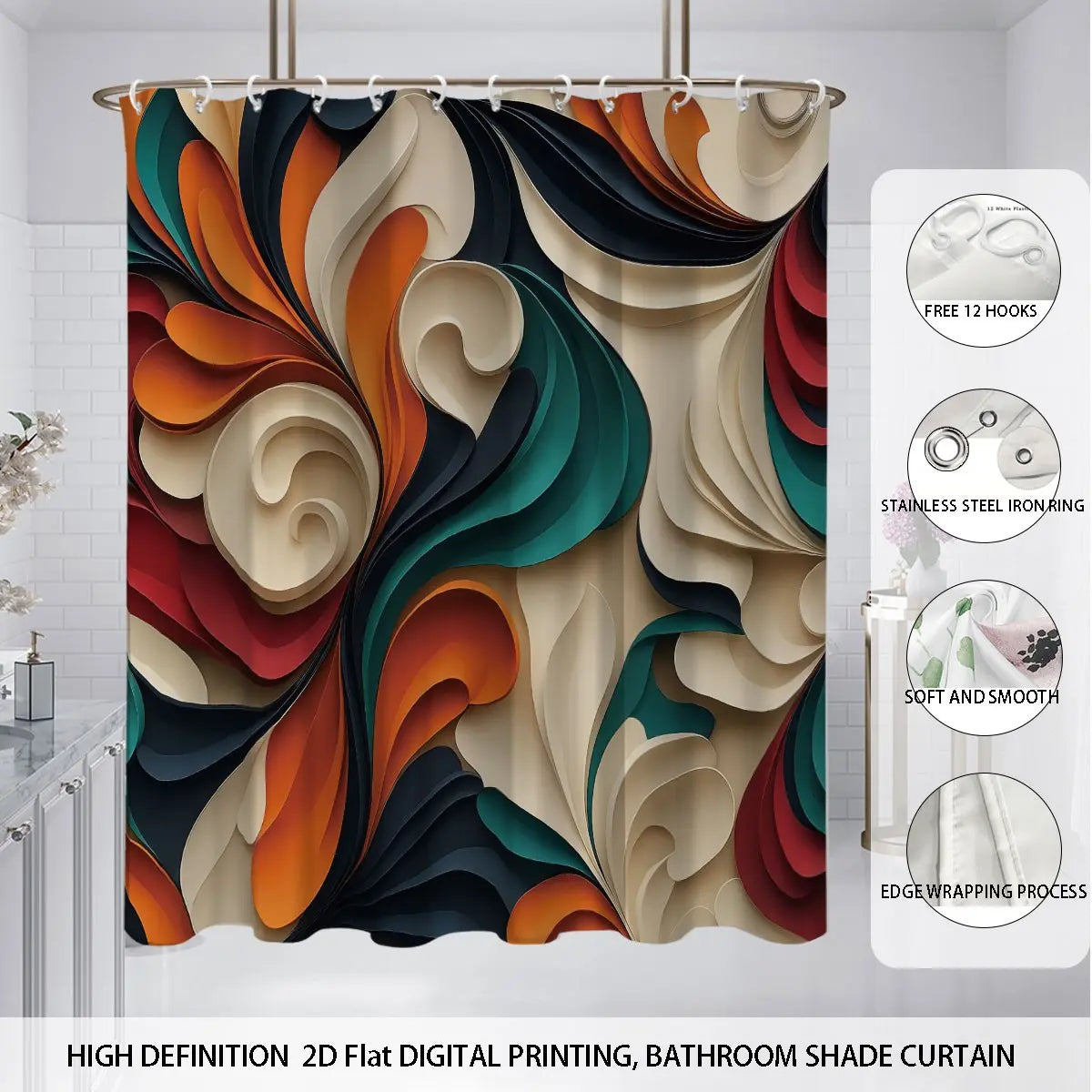 Abstract Pattern Bathroom Set, Home Goods, Aesthetic Bathroom Decor, Bathroom Decor And Accessories, Shower Curtain with 12 Hooks, Non-Slip Bath Rug, U-Shaped Toilet Mat, Toilet Lid Cover, Bathroom Decoration Accessories, Shower Curtain Sets