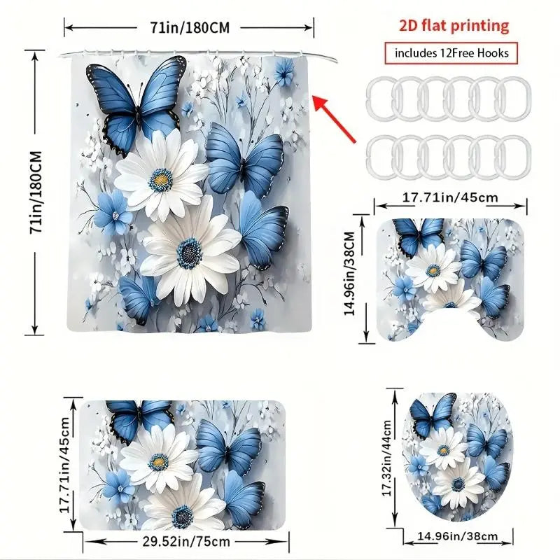 1-4PCS Animals & Butterfly Charm Hanging Bathroom Decor Set - Polyester, Waterproof, 2D Flat Printing, Includes Shower Curtain, Bath Mat, Toilet Lid Cover (Toilet Lid Match), Bath Rug & Bag, Practical Home Gift,sohochic