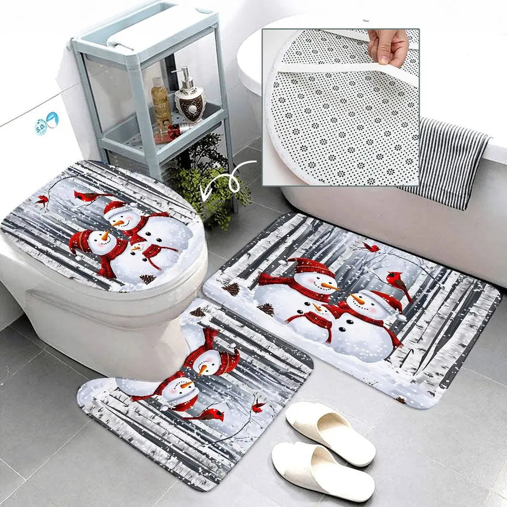 4pcs Winter Snowman Decorative Shower Curtain Set, Cozy Christmas Bathroom Decor, Red Cardinal Forest Scene, Holiday Snowfall Print, TikTok Shop Trending, Festive Bathroom Makeover