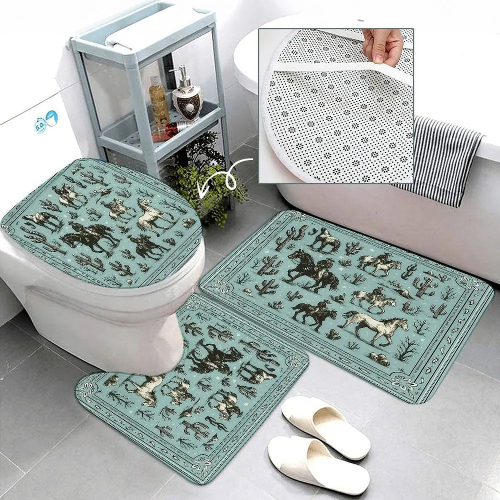 4pcs Western Cowboy Horse Cactus Shower Curtain Set, Decorative Shower Curtain, Boho Rodeo Bathroom Decor, Rustic Farmhouse Festival Style, Sage Green Southwestern Wild West Print