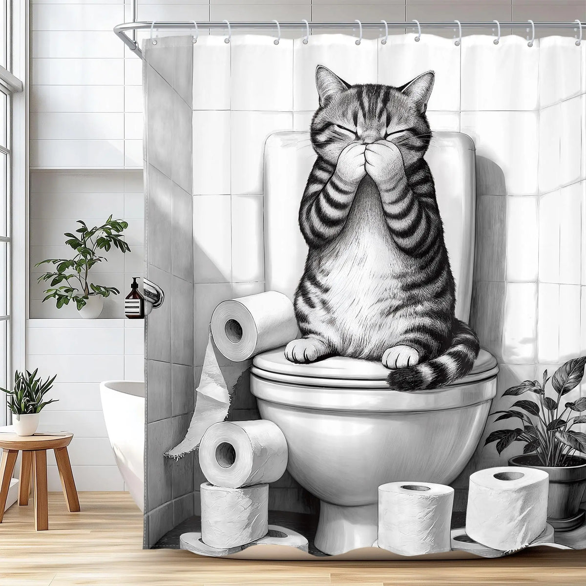 Funny Black Cat Shower Curtain - Cute Humorous Kitten On Toilet, Green Botanical Animal Artwork, Waterproof Polyester Cloth, Halloween/Birthday Bathroom Decor Set with Hooks, Water Resistant Animals Room Divider Curtain