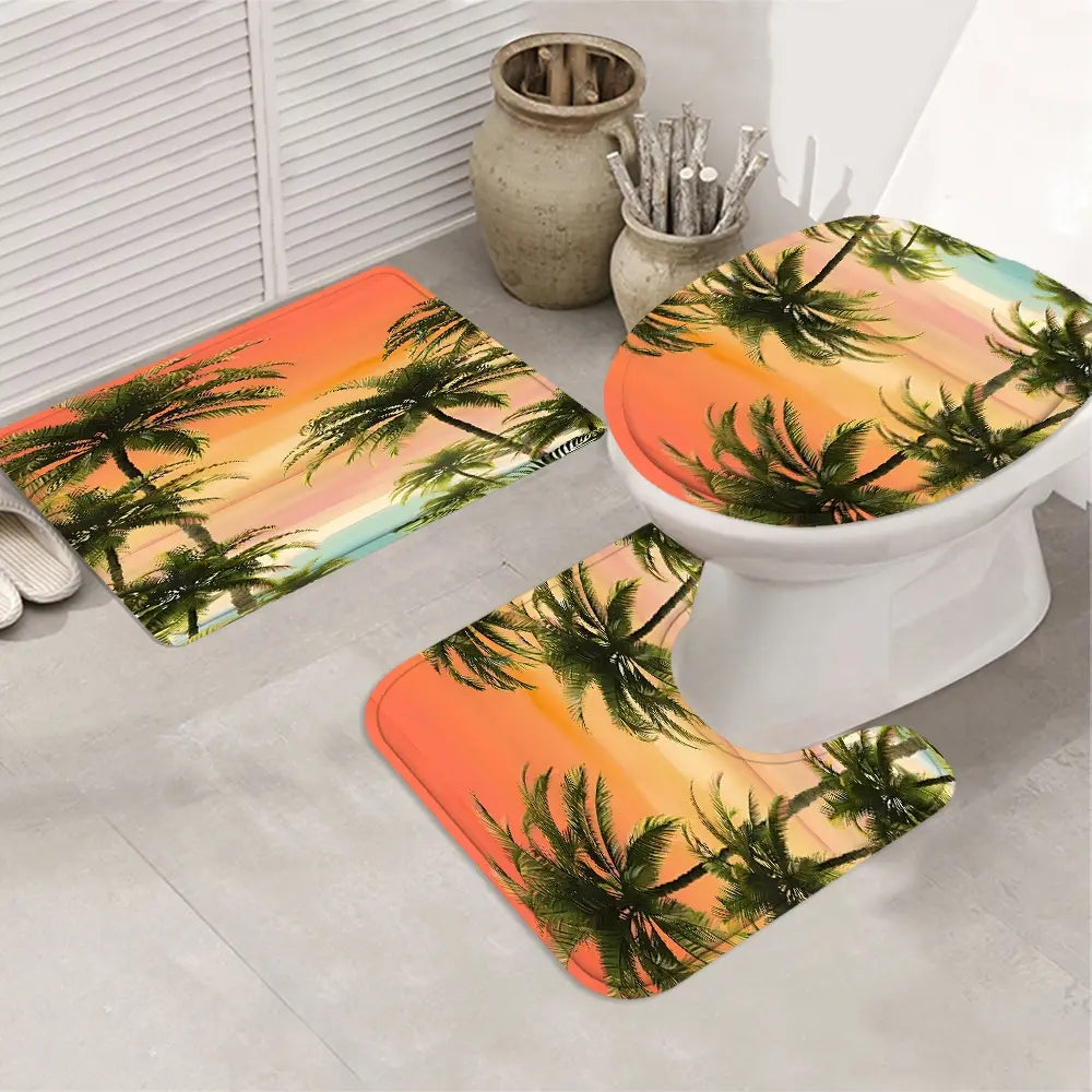 JIT 1/3/4 pcs Shower Curtain Set - Tropical Sunset Sea and Sky Bathroom Decorative Toilet Cover, Bath Mat, Shower Curtain Strip - 12 hooks, suitable for American patriotic and independent home decoration.