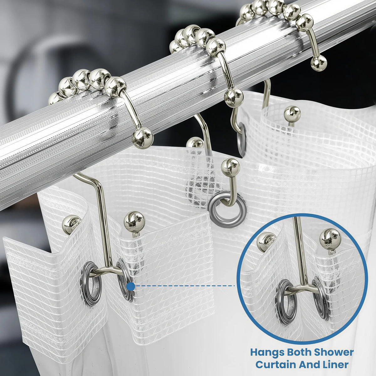 LMMAKE 12PCS Retro Look Electroplated Thick Wire 304 Stainless Steel Shower Curtain Hooks - Ball End, Double Glide Rings, Effortless Gliding, Standard Fit, Indoor/Outd, Scratch-Resistant, All Seasons, Long-Lasting Bathroom Use, Ideal for Renovations
