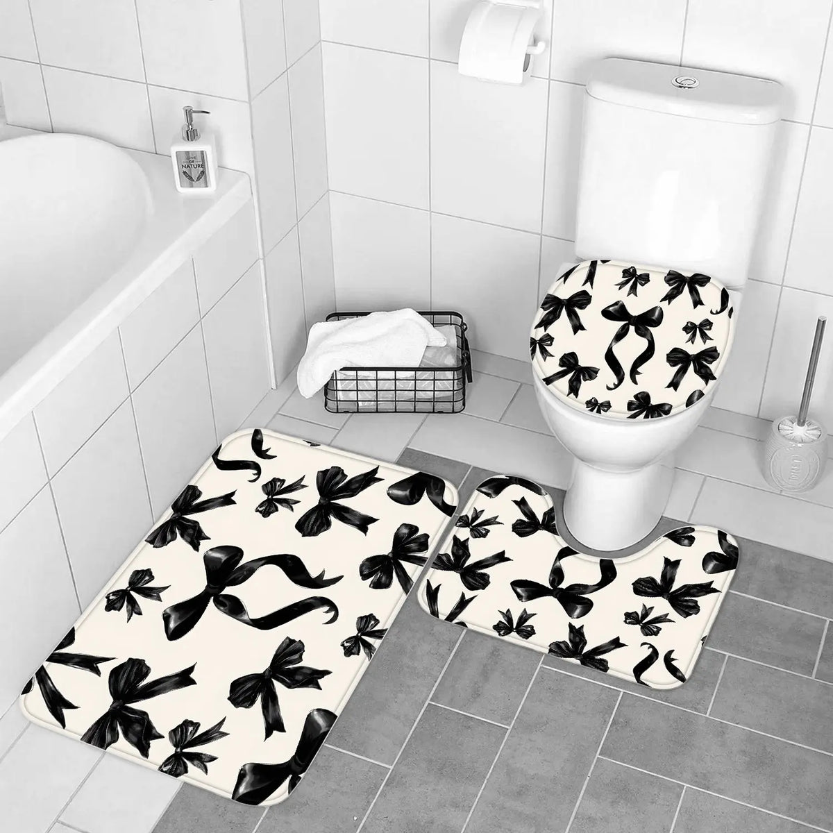 LVRLVR 4Pcs Black Bow Print Minimalist Cream Tone Decorative Set Bathroom Curtains Shower 70.8×70.8 Inch