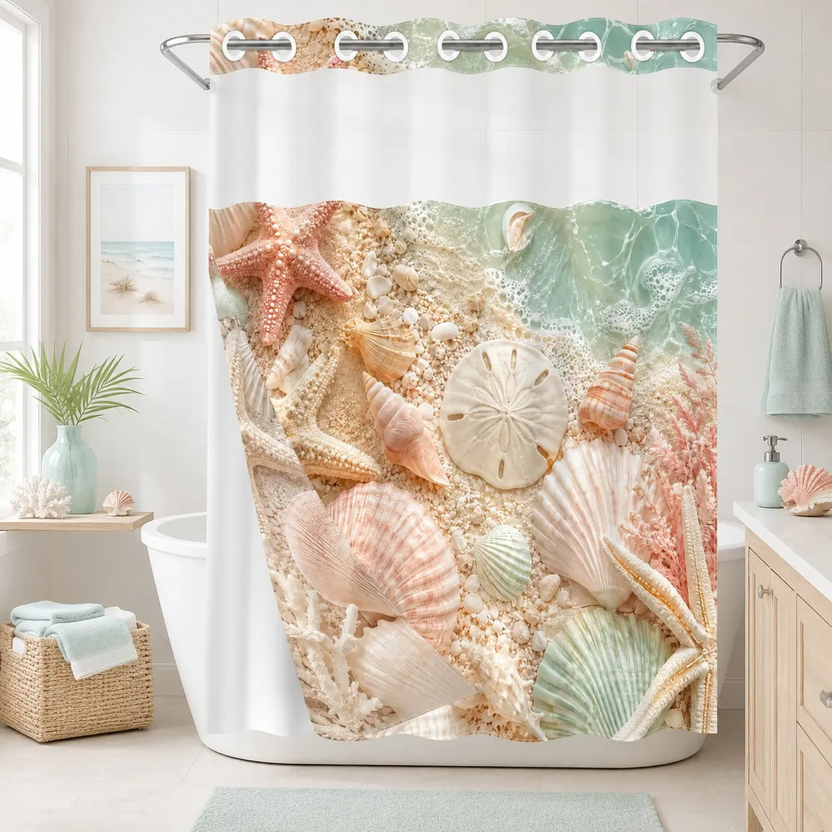 1Pc Hookless Double Layer Shower Curtain, Coastal Seashell Starfish Beach Print, Bathroom Makeover Decor Curtain, Water Repellent Washable Fabric, Removable Snap-in Liner, Top See-Through Window, For Apartment, Hotel, Guest Bath