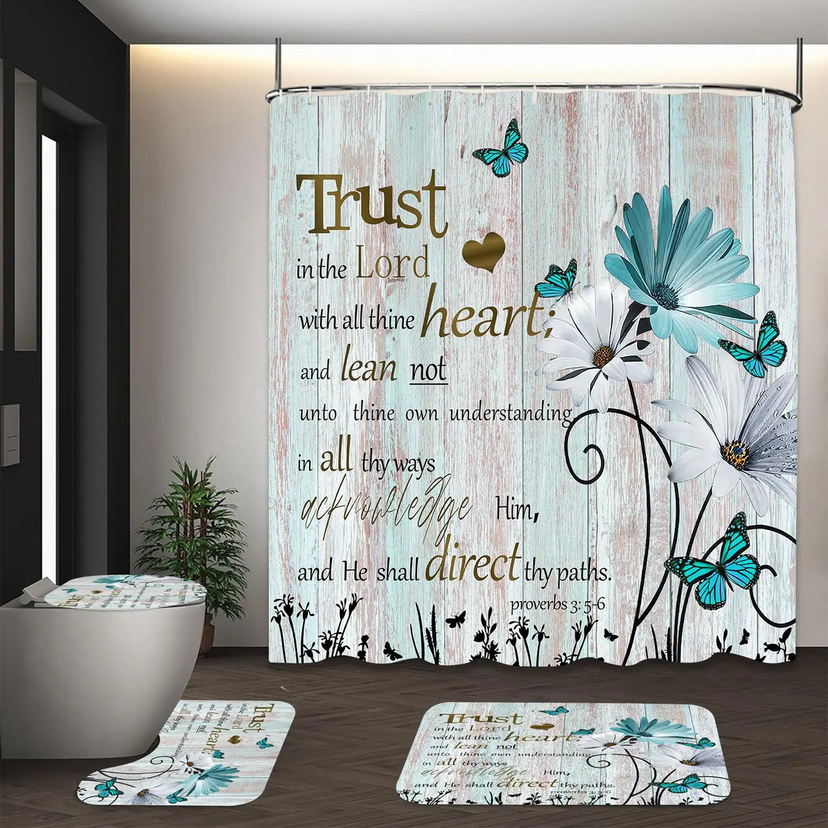 Plaid & Letter Pattern 4pcs Non-slip Bathroom Decoration Set, Including Bath Curtain, Toilet Lid Mat & Bath Mat, Bathroom Supplies, Home Goods, Bathroom Decoration Accessories, Bathroom Decor And Accessories