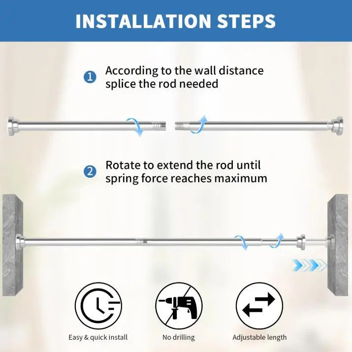 Adjustable Stainless Steel Shower Curtain Rod 31–80" with 2 Hooks – Telescoping Tension Rod, No-Drill, Bathroom Curtain Rod, Wall-Mount-Free, Rust-Resistant, Easy Install