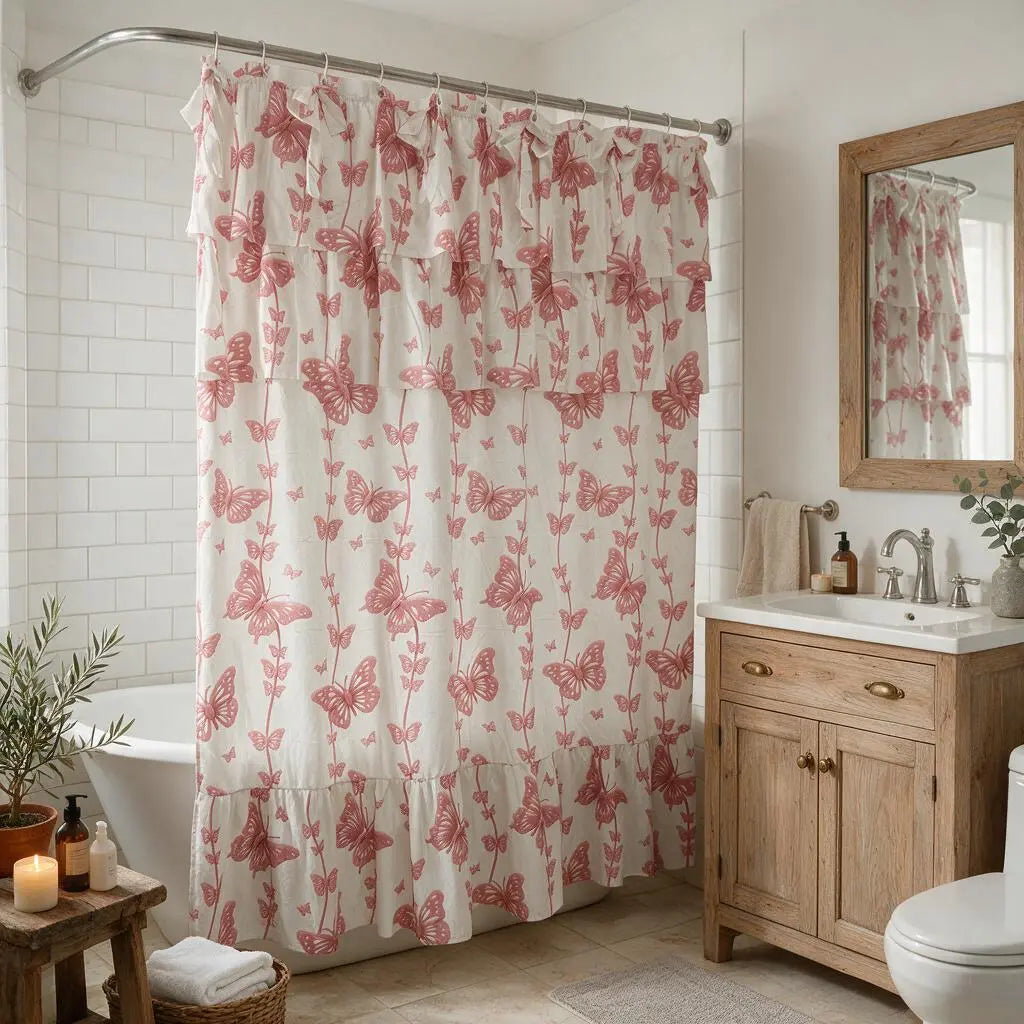 Yrztrk Retro Flower Polyester Shower Curtain with Ruffle, Handcrafted Big Bow Tie, 12 Hooks - Waterproof, Quick-Drying, Machine-Washable Decorative House Decor for Master Bathroom,sohochic