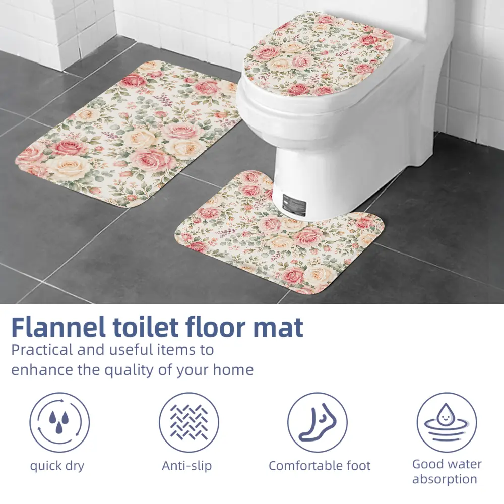3-Piece Vintage Pink Rose Bathroom Combo Set - French Country Rustic Garden Home Supplies, Floral Design, Soft Absorbent Cushioned Anti-Slip, Washable Bath Mats, U-Shaped Toilet Rug & Lid Cover, Holidays Mother’s Day Gift Idea