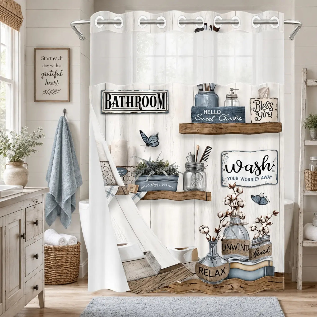 1Pc Double Layer Shower Curtain, Rustic Farmhouse Butterfly Print, Removable Snap-in Liner, Water Repellent Washable Fabric For Apartment Rental Bathtub Shower, 71x74 Inch, Shower Curtain No Hooks With Liner