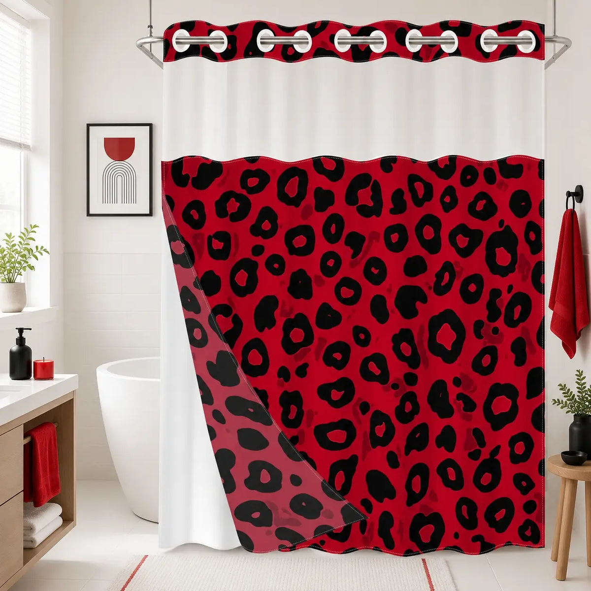 1Pc Hookless Double Layer Shower Curtain, No Hook Shower Curtain With Snap In Liner, Gray Black Leopard Allover Print, Water Repellent Washable Fabric, Removable Snap-in Liner, Top See-Through Window, For Apartment, Hotel, Guest Bath