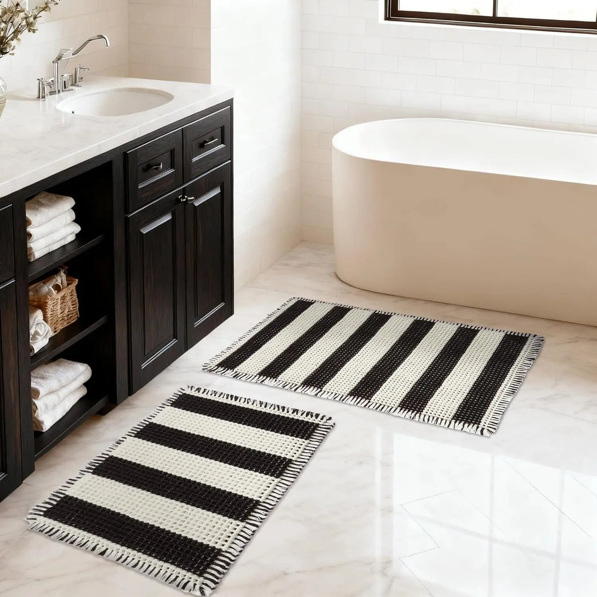 Nonslip Bathroom Rugs 2-Piece Plaid Set - Stays Put Grip, Safe Nonslip Base, Flat Weave, Black & White Woven Tasseled, Quick-Dry, Machine-Washable, Skin-Friendly, Multi-Size Rectangle (17"x24", 18"x30") Bathroom Decor, Sohochic