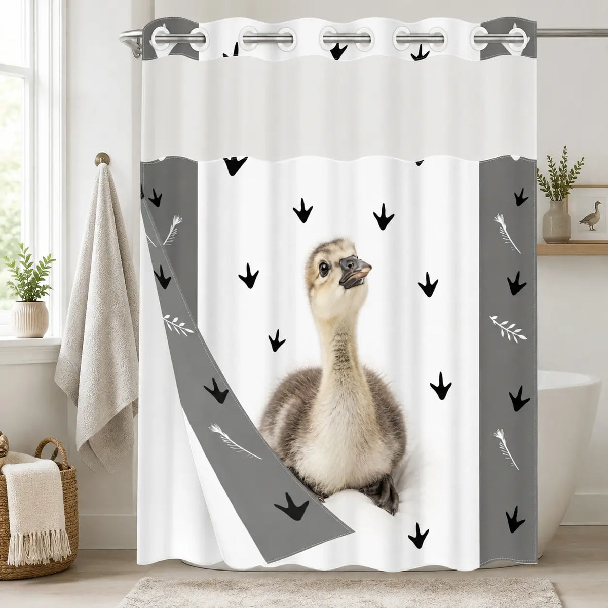 1pc hookless shower curtain with liner, black, white cat paw decorative design 2D printing, fabric waterproof liner, see-through window, double-layer, 71 x 74 inches, modern home decoration, Shower Curtain No Hooks With Liner
