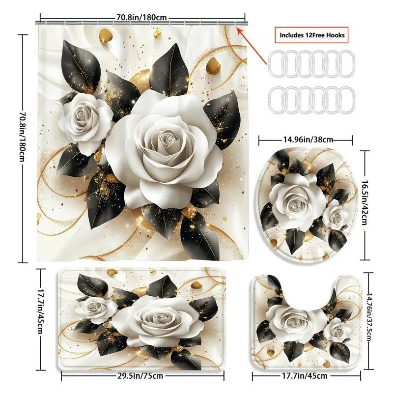 Gold Rose Animal Shower Curtain Set (1/4PCS) - 70.87x70.87in Polyester Hanging Garden Glam Bathroom Decor, Anti-Slip Waterproof White Gold Flowers Animals Set with Mat, U-Mat, Toilet Cover, 12 Hooks, Adjustable Foldable Art, Home Accessories, Sohochic