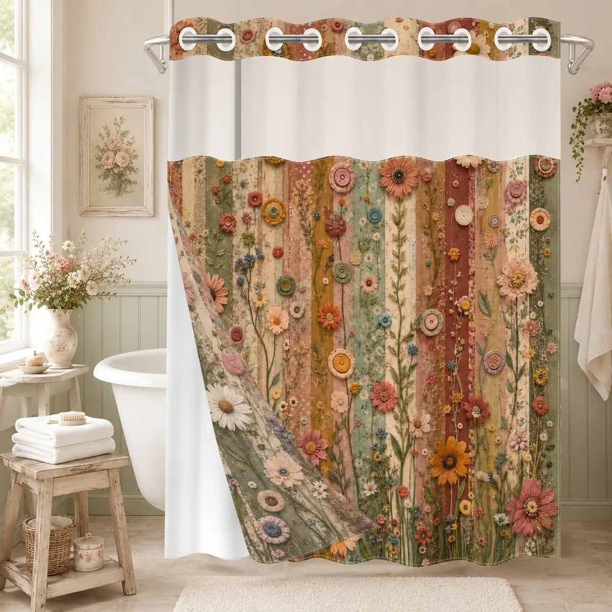 1PC/4PCS 2D Flat Printing Striped Floral Shower Curtain, Floral Shower Curtains For Bathroom, Printed Shower Curtain, home bathroom decor accessories, shower curtain set with 12 hooks, non-slip bathroom rug, U-shaped toilet seat cover