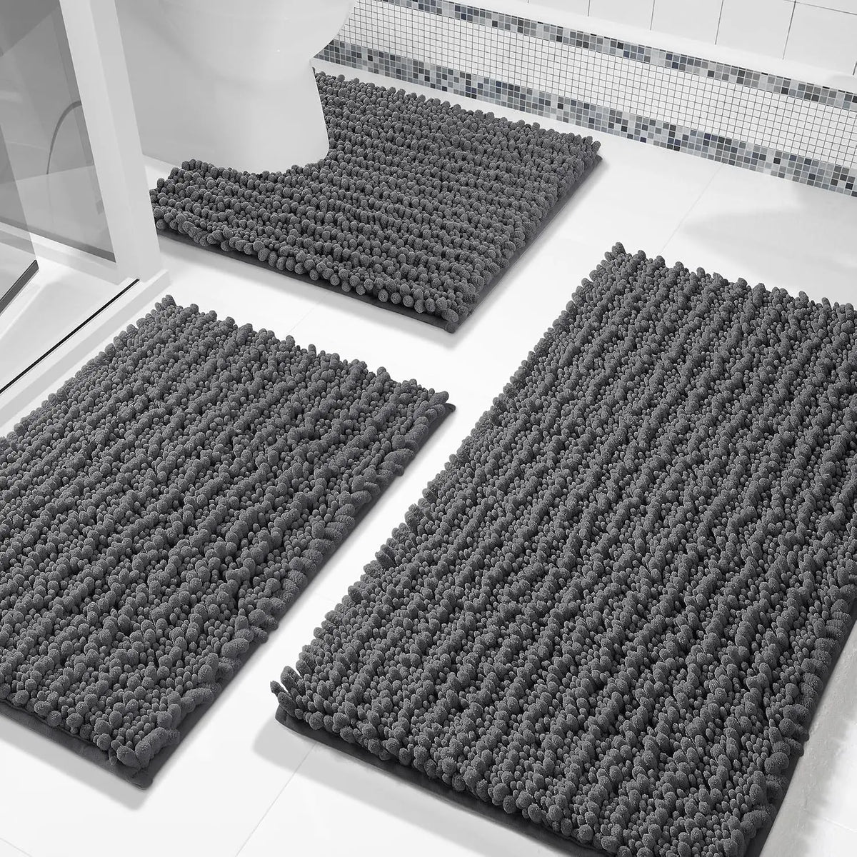 Pet Plush Chenille 3-Piece Rectangle Bathroom Floor Mat Set - 24.4"x20.4", 31.5"x19.8", 44.1"x24" Mats, Fluffy, Super Absorbent, Quick Dry, Non Slip Hot-Melt Adhesive Backing, Easy to Clean, Extra Thick Shaggy, for Toilet, Indoors, Grey (Pet Supplies)