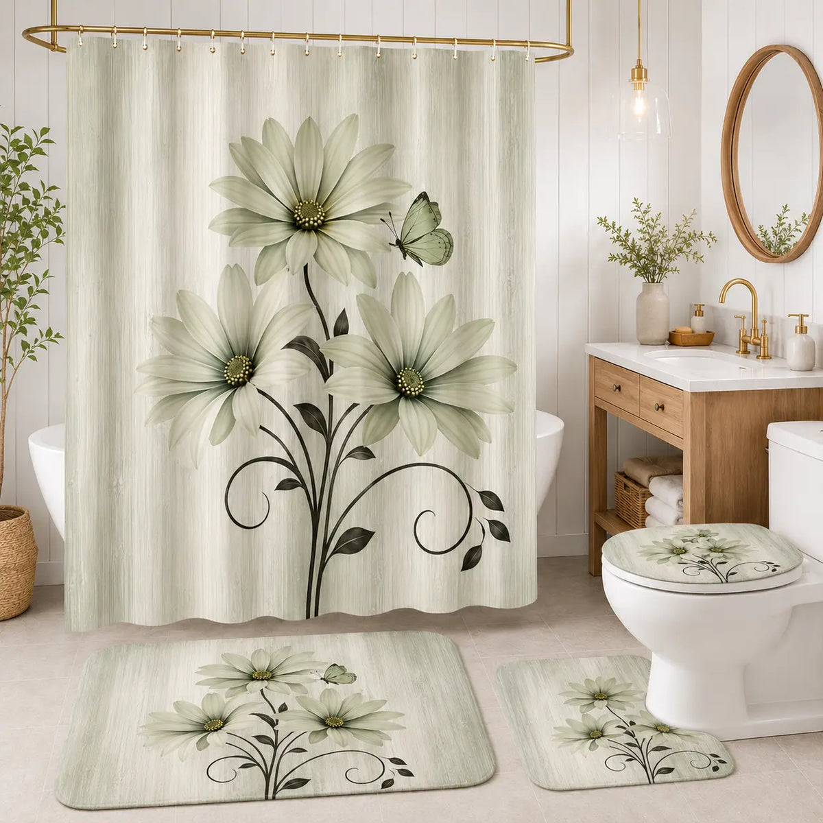 4-Piece Pink Country Farmhouse Shower Curtain Set with Shower Curtain, Mat, and Accessories; Waterproof Decorative Bathroom Shower Curtain Set with 12 Hooks, 72 x 72 in