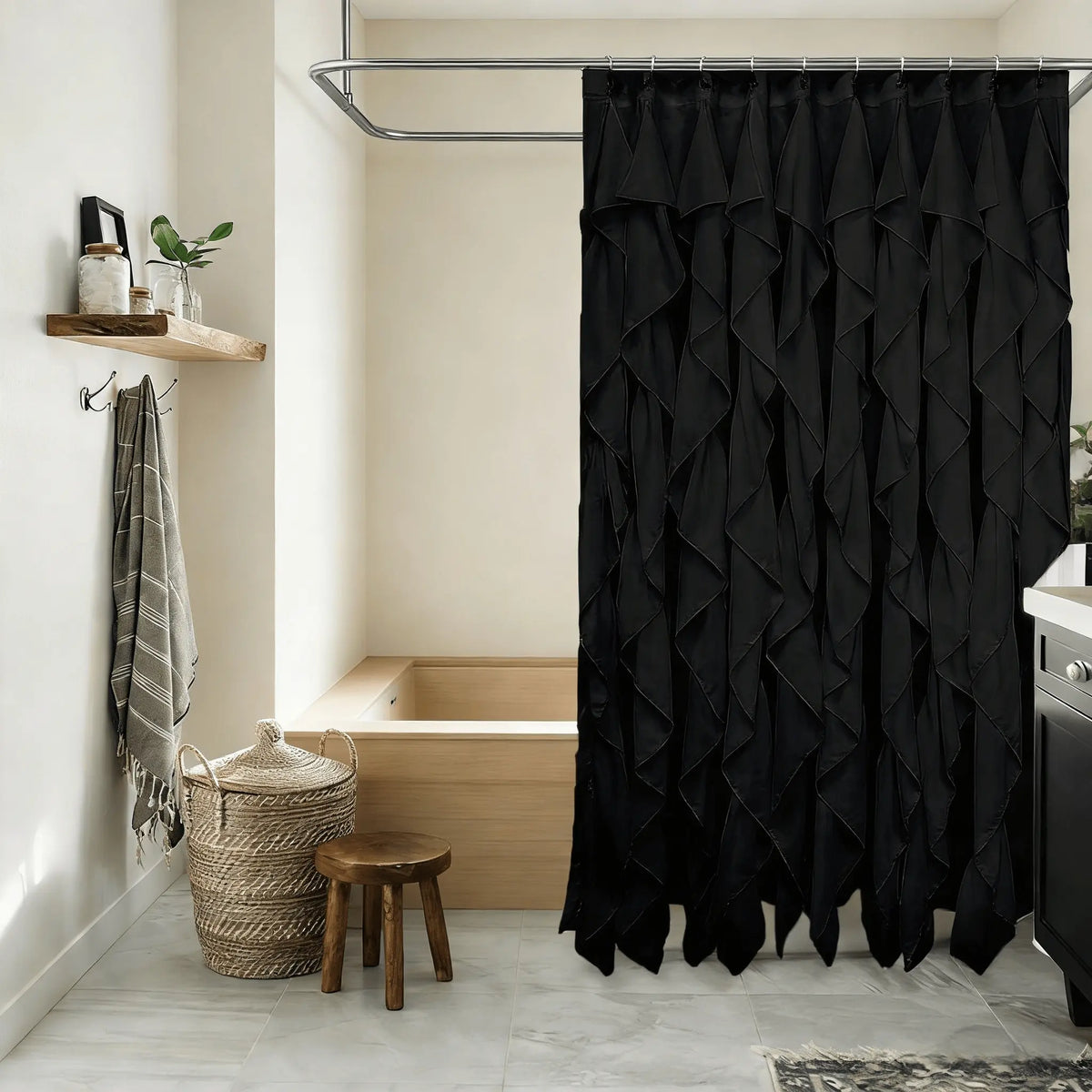Ruffled Shower Curtain for Farmhouse Bathroom, Restroom, Home Goods, Dual Layer Fabric, Textured Design, 72x72 Inches, Opaque, Elegant Decoration, Decorative Shower Curtain, Aesthetic Shower Curtain, Farmhouse Shower Curtains for Bathroom