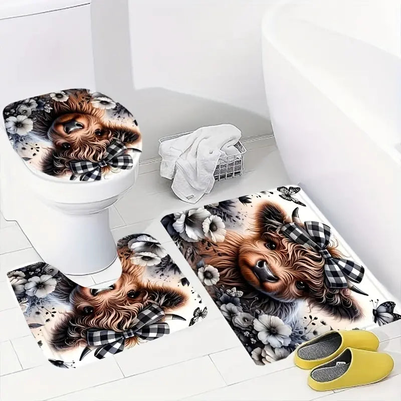 4pcs Exquisite Small Cow Bathroom Set Package - Polyester Non-Slip U-Shaped Toilet Seat Cover, High-Quality Shower Curtain with 12 Durable Hooks, Garden Glam Home Bathroom Decor for All Styles