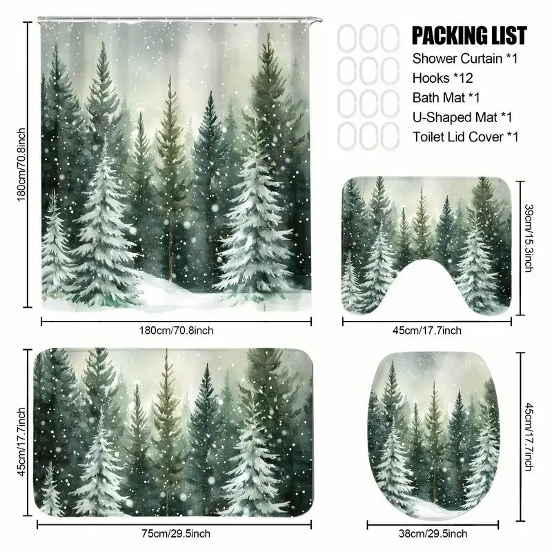 Christmas Style Snowy Forest Tree Scene Shower Curtain Set, Non-Slip Rug, U-Shaped Mat, Toilet Lid Cover, Bathroom Decoration Accessories, Perfect for Bathroom Decor, Decorative Shower Curtain, Shower Curtain Set With Rugs