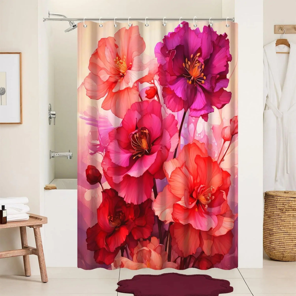 Pink Shower Curtain for Bathroom Rose Pink Floral Shower Curtain Set with Hooks Abstract Purple Pink Flowers Bathtub Decor Waterproof Fabric Curtains 72x72inches