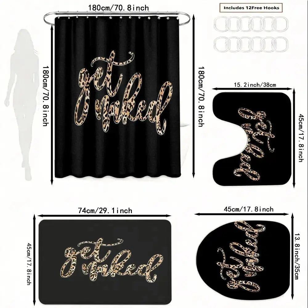 1/4pcs Fashion Glam Leopard Print Animals Polyester Bathroom Curtain Combo Set - Black Background "Get Naked" Sassy Quote, Thick-Soft Floor Mat, Shower Curtain Cloth, Softness for Festive Bathroom Decor