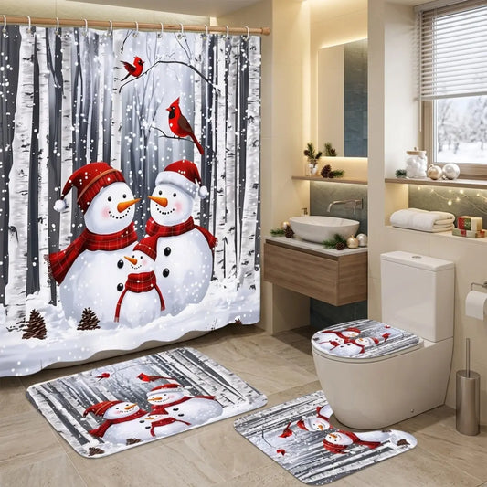 4pcs Winter Snowman Decorative Shower Curtain Set, Cozy Christmas Bathroom Decor, Red Cardinal Forest Scene, Holiday Snowfall Print, TikTok Shop Trending, Festive Bathroom Makeover