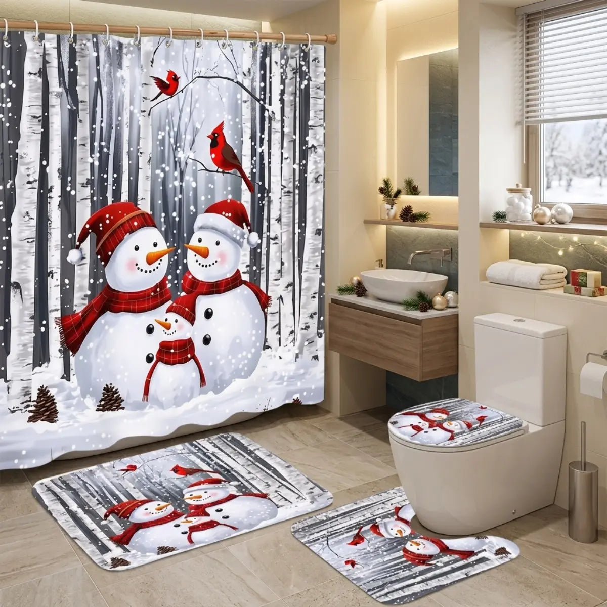 4pcs Winter Snowman Decorative Shower Curtain Set, Cozy Christmas Bathroom Decor, Red Cardinal Forest Scene, Holiday Snowfall Print, TikTok Shop Trending, Festive Bathroom Makeover