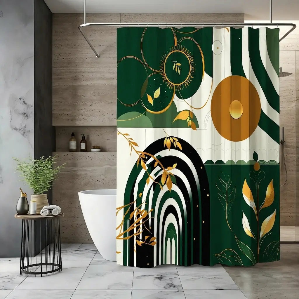 Artistic Abstract Nature-Inspired Decorative Shower Curtain with Golden Sun Motif, Stylized Botanical Illustrations & Geometric Patterns in Deep Forest Green and Cream – Perfect for Modern Bathrooms this Holiday Season