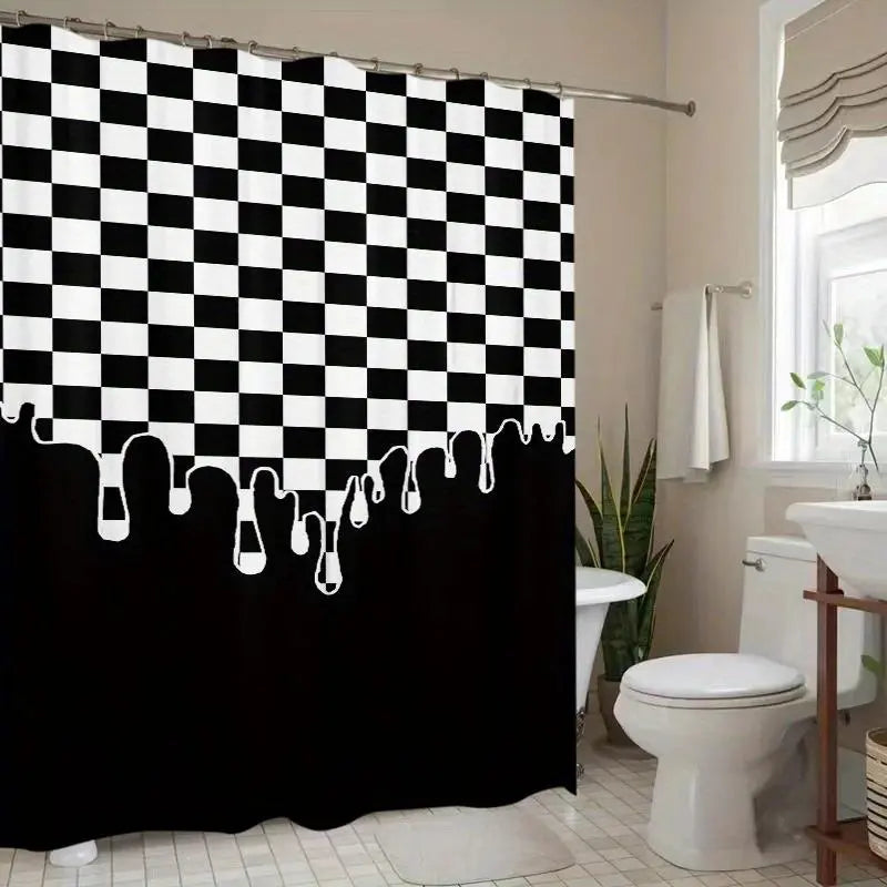 1pc black and white checkered drip pattern waterproof Decorative shower curtain, Bathroom Curtains Shower, bathroom decoration, partition, durable polyester material, easy to clean, machine washable, multiple sizes available, free hook