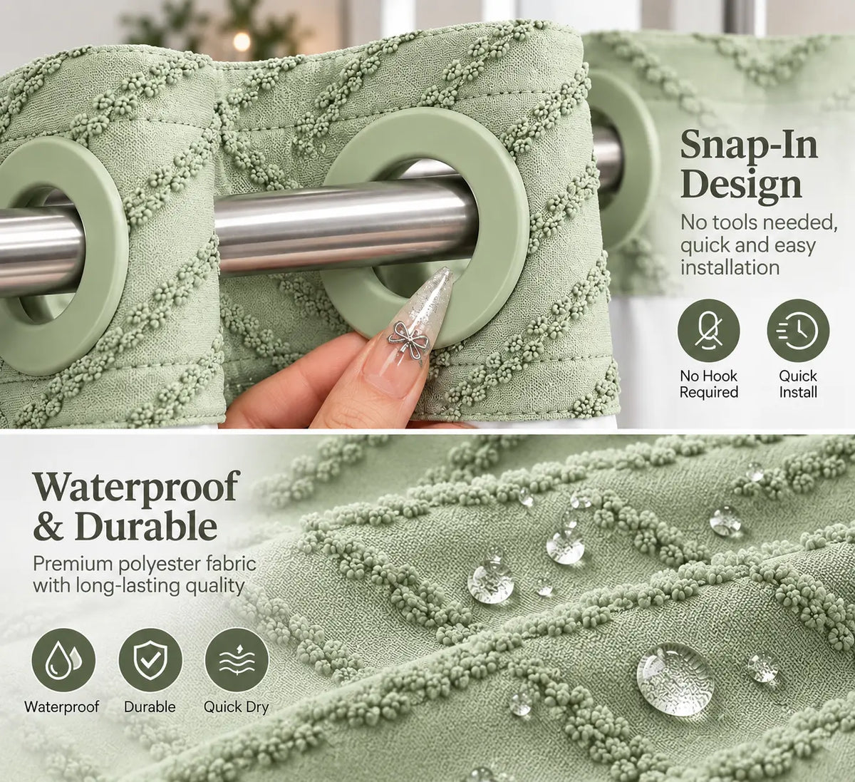 Hookless Shower Curtain with Snap-in Liner, Textured Bathroom Curtain Set, Built-in Plastic Rings, Water-Repellent Polyester Fabric, Machine Washable, 71 x 74 in