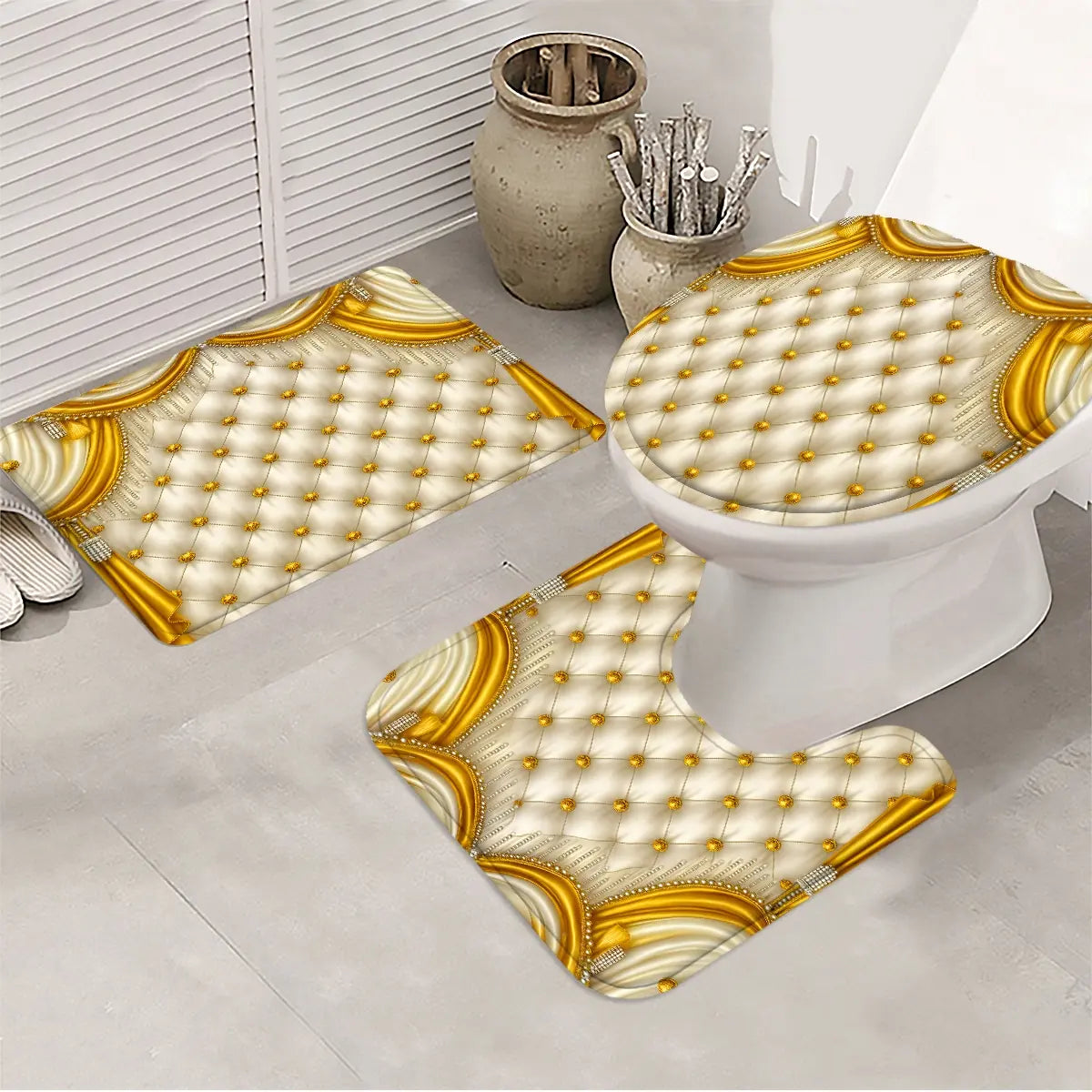 Luxury Bathroom Curtain Set, 1 Shower Curtain, 1 Toilet U-Shape Mat, 1 Rectangular Mat, 1 Toilet Lid Cover, Casual Style, Wall Mounted, Shower Curtain Sets, Bathroom Decoration Accessories, Bathroom Decor And Accessories