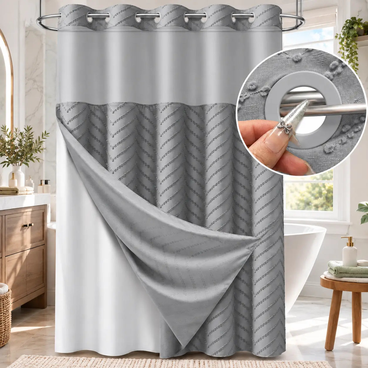 Hookless Shower Curtain with Snap-in Liner, Textured Bathroom Curtain Set, Built-in Plastic Rings, Water-Repellent Polyester Fabric, Machine Washable, 71 x 74 in