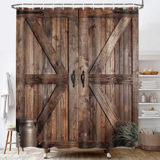 [Back to School] Rustic Barn Door Shower Curtain Set for Bathroom, Farmhouse Western Bathroom Decor Curtains, Vintage Countryside Brown Wood Board Waterproof Fabric Bath Curtains with Hooks 72 x72 inch