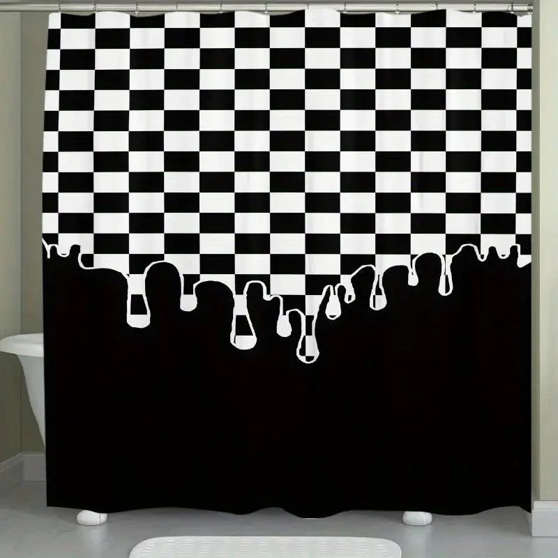 1pc black and white checkered drip pattern waterproof Decorative shower curtain, Bathroom Curtains Shower, bathroom decoration, partition, durable polyester material, easy to clean, machine washable, multiple sizes available, free hook