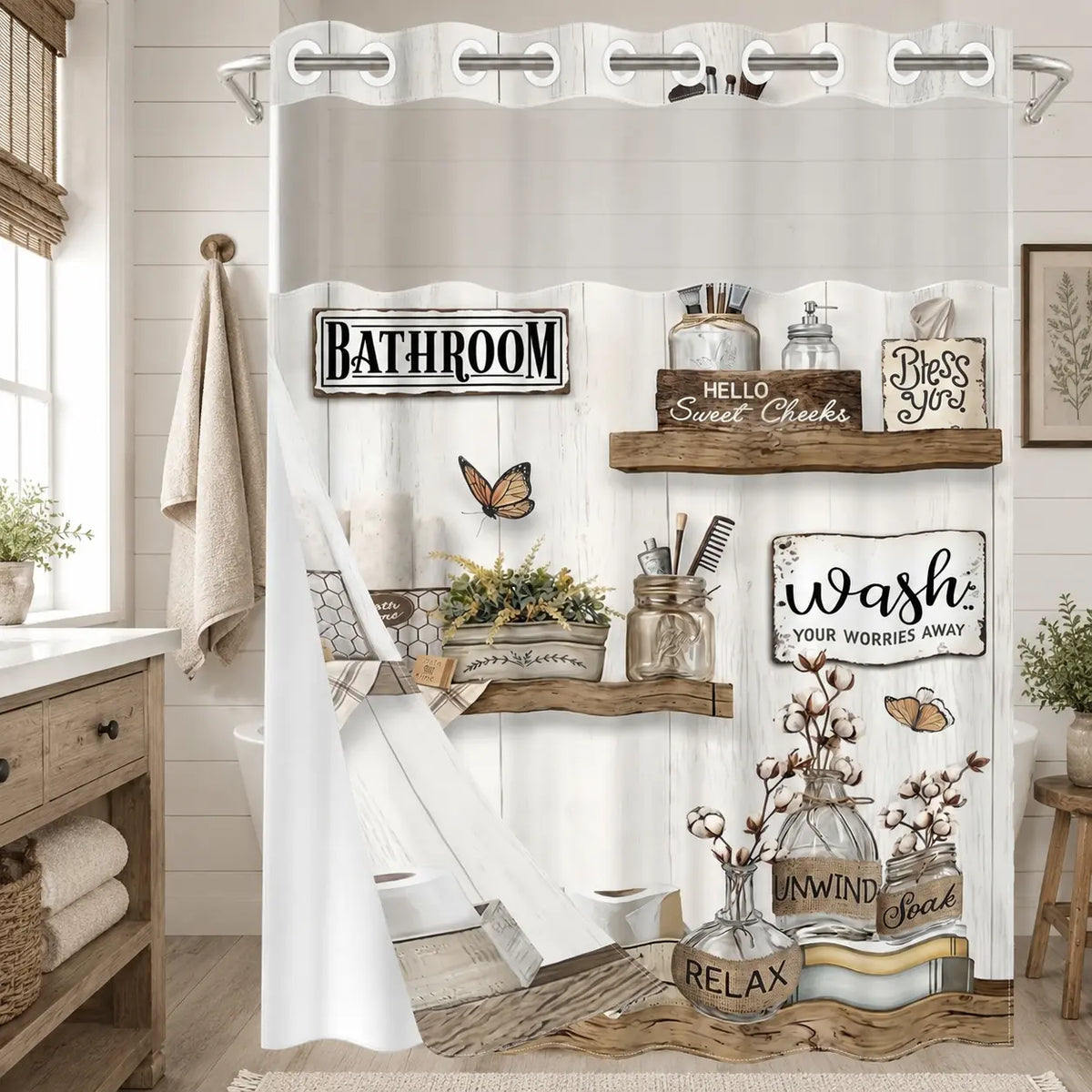 1Pc Double Layer Shower Curtain, Rustic Farmhouse Butterfly Print, Removable Snap-in Liner, Water Repellent Washable Fabric For Apartment Rental Bathtub Shower, 71x74 Inch, Shower Curtain No Hooks With Liner
