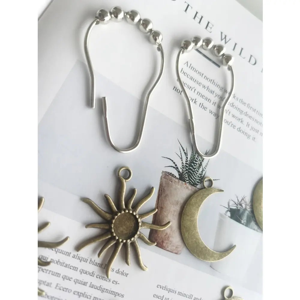 Plated Metal 3D Decorative Shower Curtain Hooks - Rust-Proof, Straight/Curved, Mid-Century Abstract Boho Minimalist Mystic Goth Decor - No-Fade Handicrafts for Bathroom Curtain Hanging, Living Room - Ideal for Boho Lovers Home Supplies
