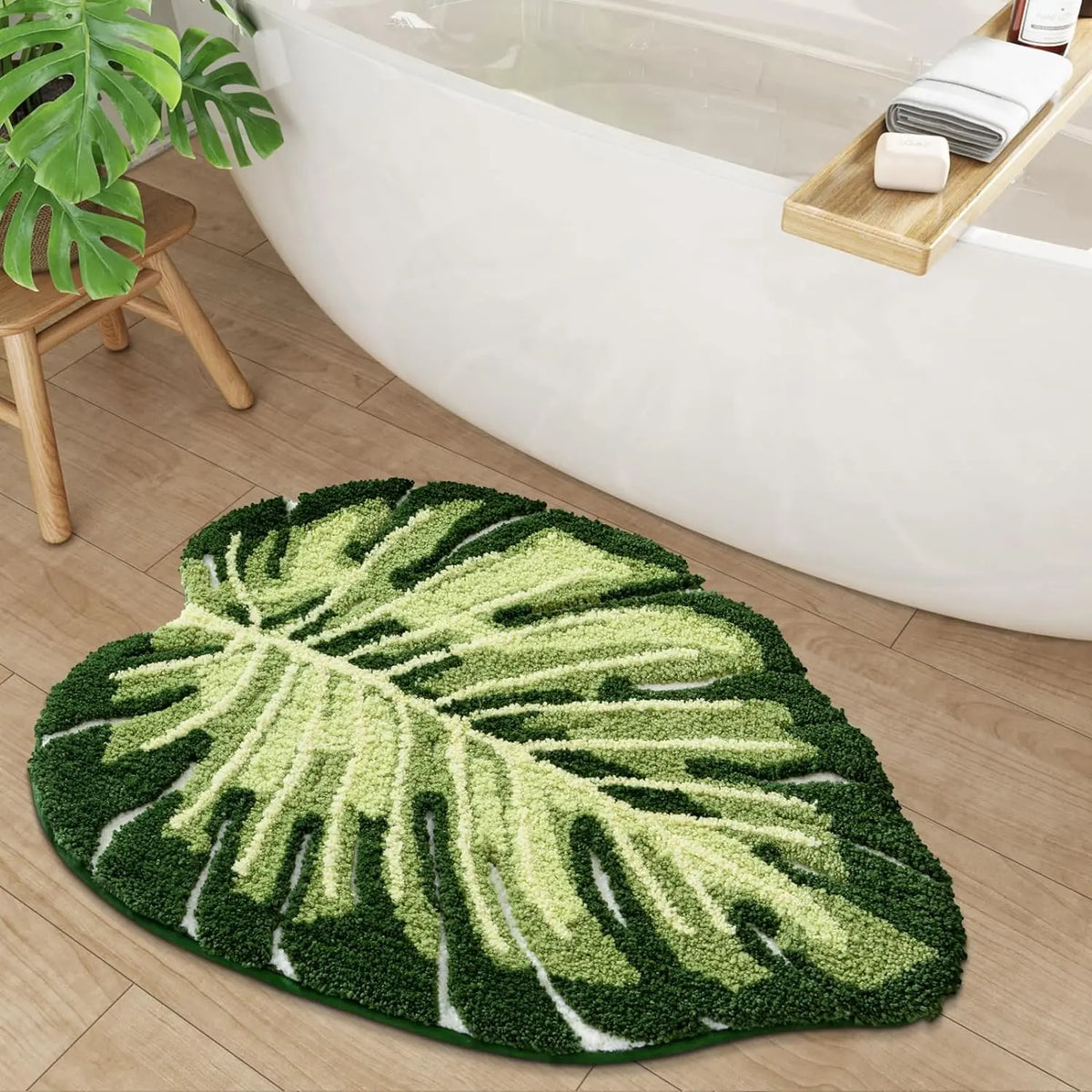 LUMI Green Leaf Canopy Bathroom Mat Non-slip Microfiber Rugs Absorbent Comfortable Tropical Palm Hawaiian Plants Decor Machine Washable Floral Design Fluffy Tufted Bathmat Home Goods