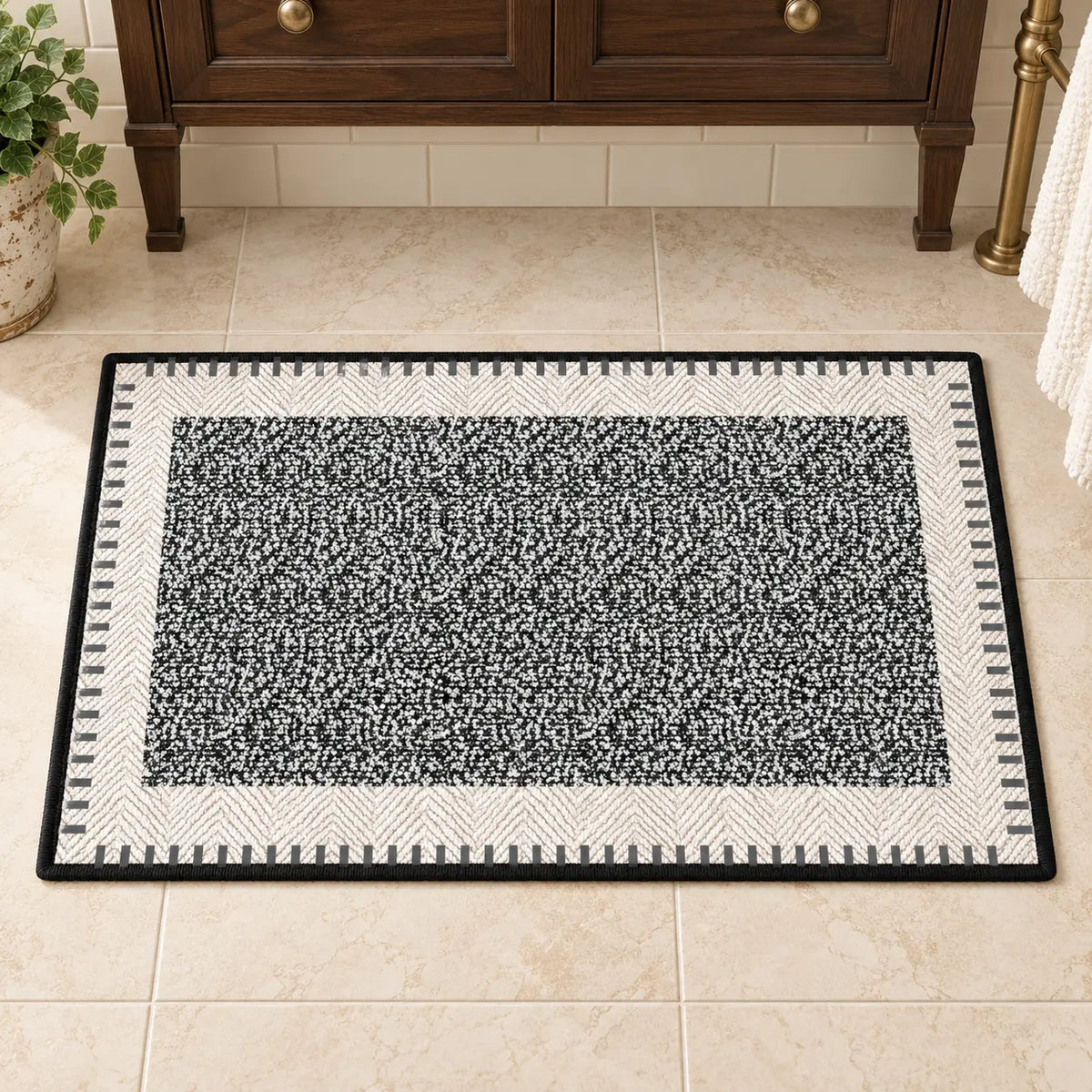 Black and White Abstract Diatomaceous Earth Bath Mat, Super Absorbent Quick Dry Non Slip Bathroom Rug, Stay-Put Floor Mat for Shower, Kitchen, Bedroom Doorway & Front Entryway