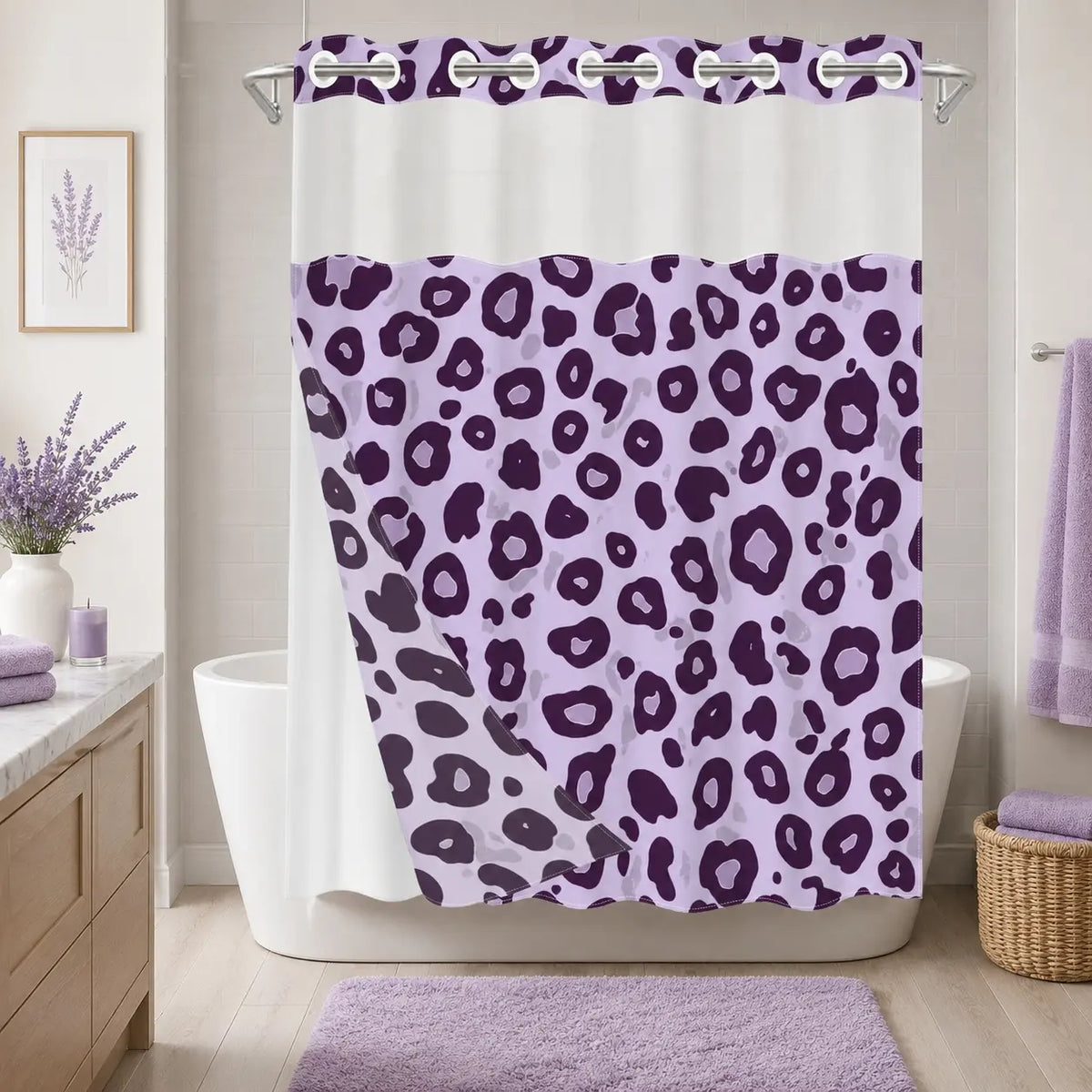 1Pc Hookless Double Layer Shower Curtain, No Hook Shower Curtain With Snap In Liner, Gray Black Leopard Allover Print, Water Repellent Washable Fabric, Removable Snap-in Liner, Top See-Through Window, For Apartment, Hotel, Guest Bath