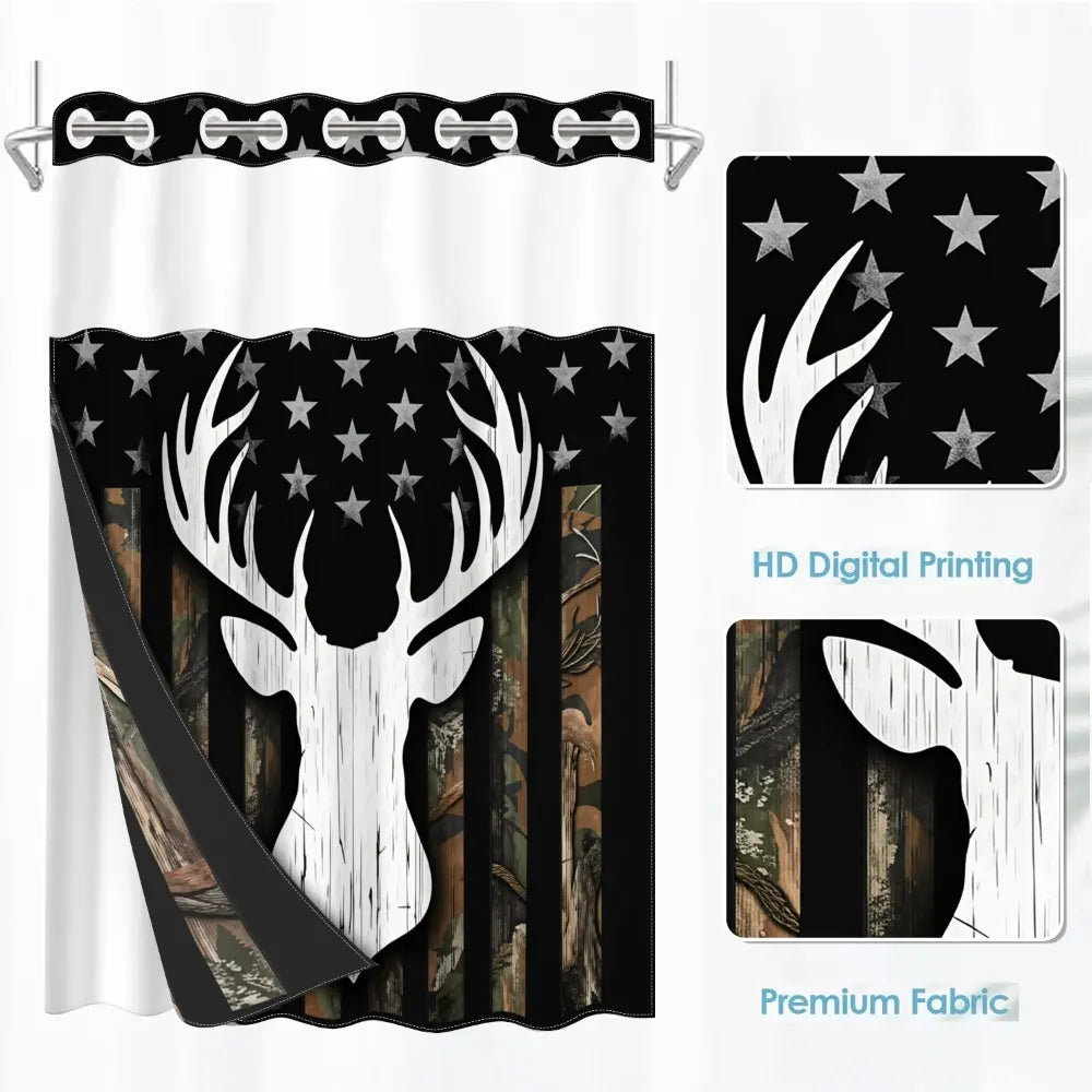 1pc hookless Modern with buckle lining, black and white deer head camouflage design, 2D printing, fabric waterproof lining, double-layer, 71 x 74 inches, Decorative shower curtain, Bathroom Decor, Printed Shower Curtain