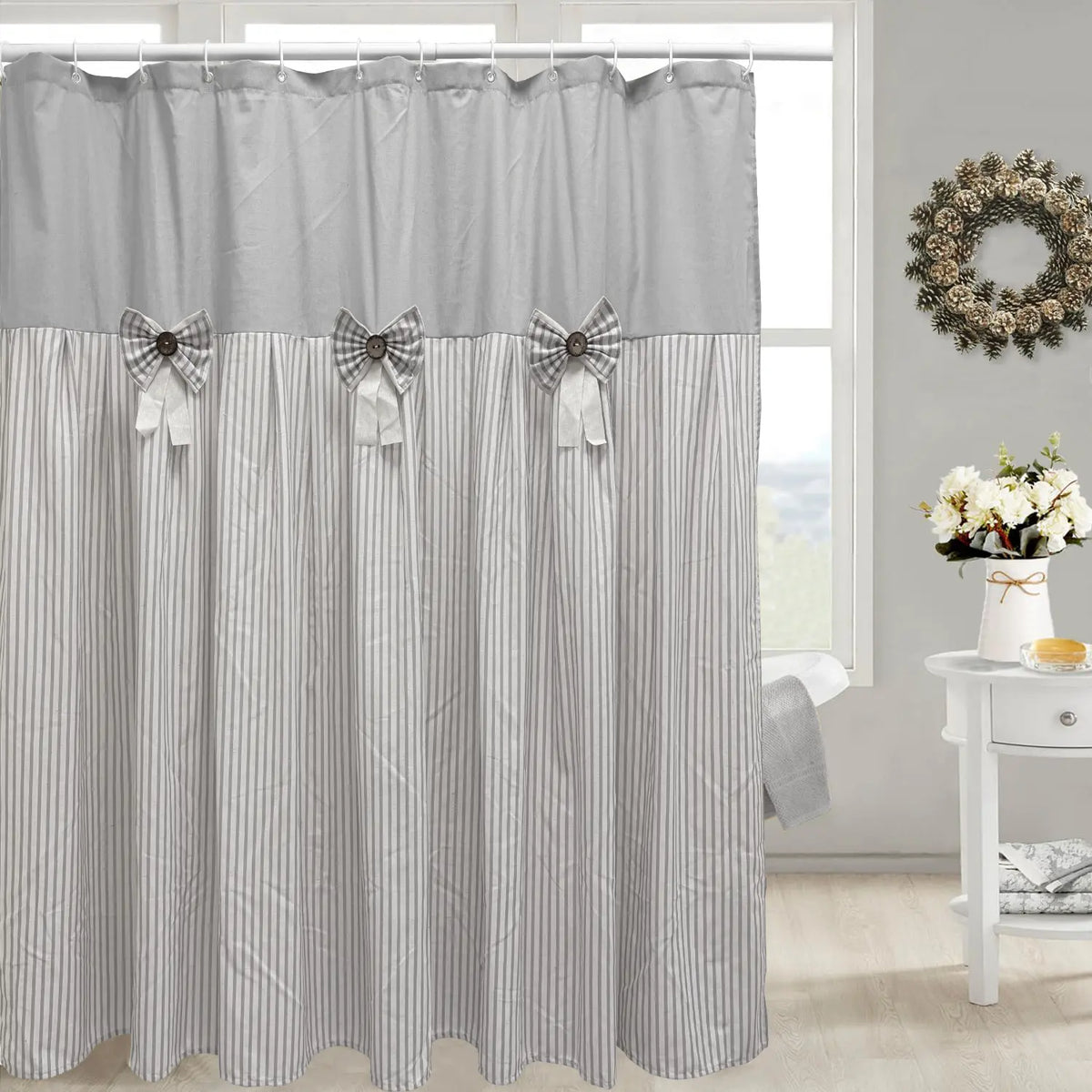 Rustic Farmhouse Shower Curtain - Striped Bottom, Bow Detail, Pattern Design for Cozy Bathroom Decor, Farmhouse Shower Curtains,sohochic