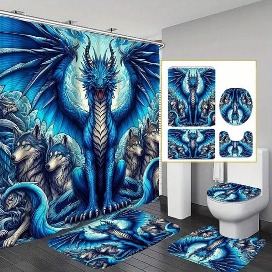Dragon Pattern Bathroom Decor Set, 4 Piece Includes Shower Curtain, U-Shaped Toilet Pad, Bath Mat, Toilet Lid Cover, Bathroom Accessories, Bathroom Shower Curtain Sets