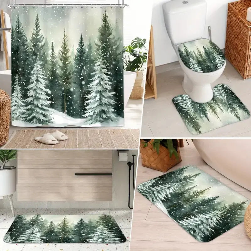 Christmas Style Snowy Forest Tree Scene Shower Curtain Set, Non-Slip Rug, U-Shaped Mat, Toilet Lid Cover, Bathroom Decoration Accessories, Perfect for Bathroom Decor, Decorative Shower Curtain, Shower Curtain Set With Rugs
