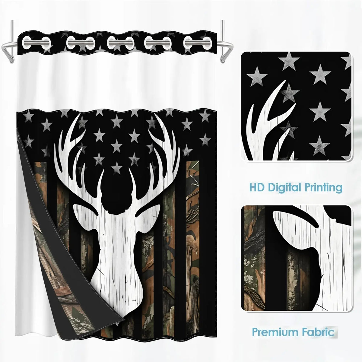 1pc hookless Modern with buckle lining, black and white deer head camouflage design, 2D printing, fabric waterproof lining, double-layer, 71 x 74 inches, Decorative shower curtain, Bathroom Decor, Printed Shower Curtain