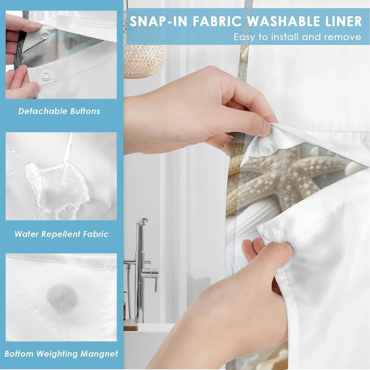 1Pc Hookless Double Layer Shower Curtain, Coastal Seashell Starfish Beach Print, Bathroom Makeover Decor Curtain, Water Repellent Washable Fabric, Removable Snap-in Liner, Top See-Through Window, For Apartment, Hotel, Guest Bath