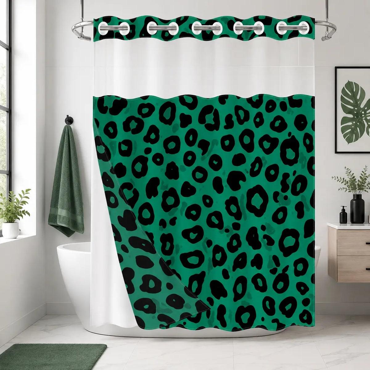 1Pc Hookless Double Layer Shower Curtain, No Hook Shower Curtain With Snap In Liner, Gray Black Leopard Allover Print, Water Repellent Washable Fabric, Removable Snap-in Liner, Top See-Through Window, For Apartment, Hotel, Guest Bath